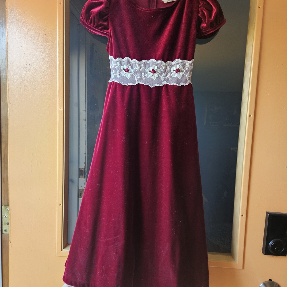 Girls Red Velvet Dress with Lace Detail